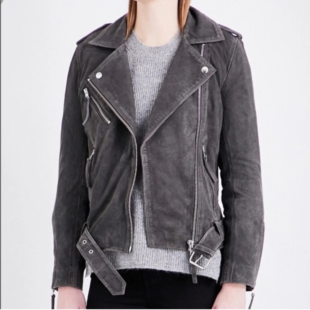 Topshop Suede Leather Zip Up Belted Moto Biker Jacket